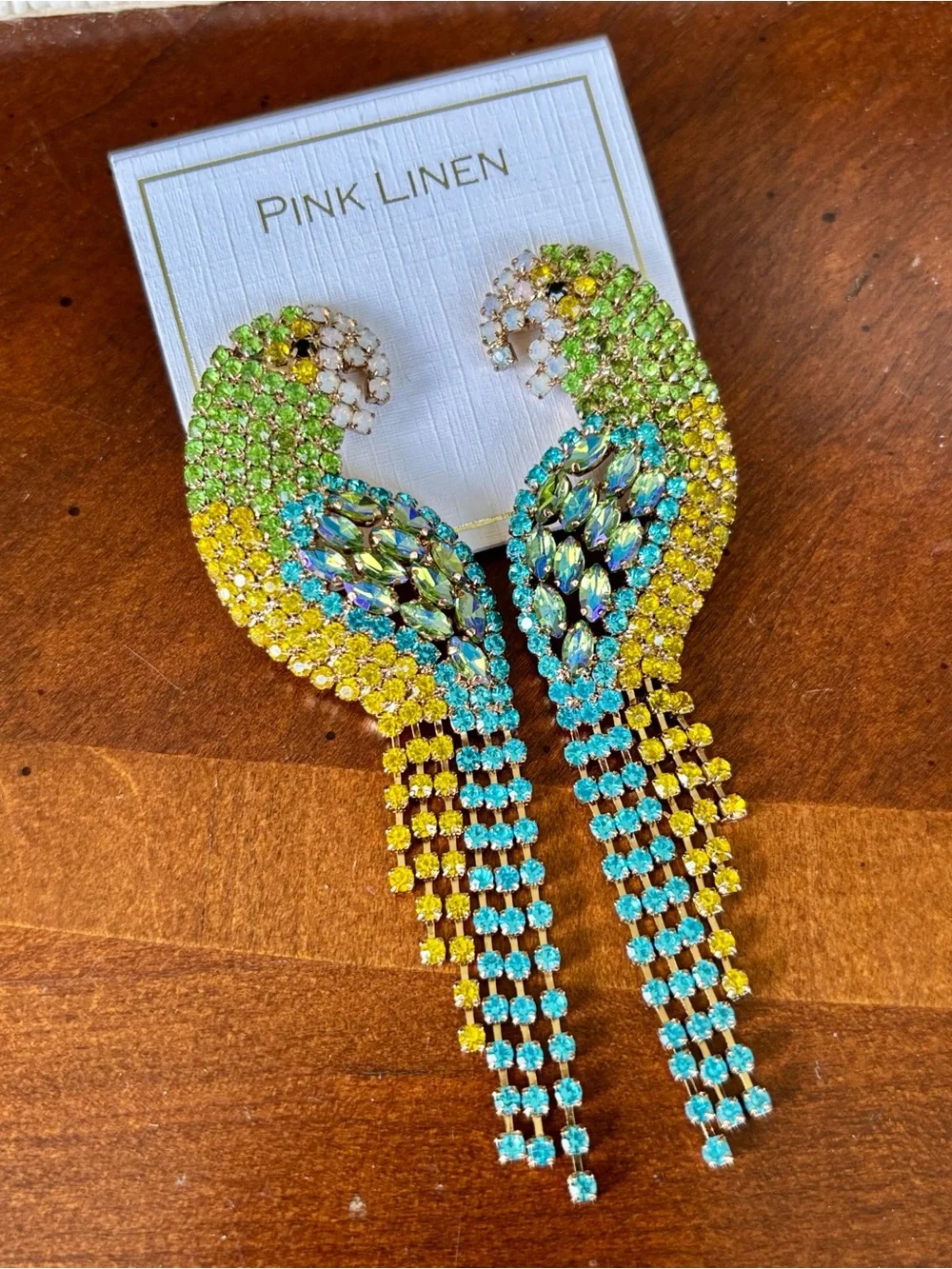 Pink Linen Tropical Parrot Rhinestone Statement Fringe Drop Earrings Summer Bird
